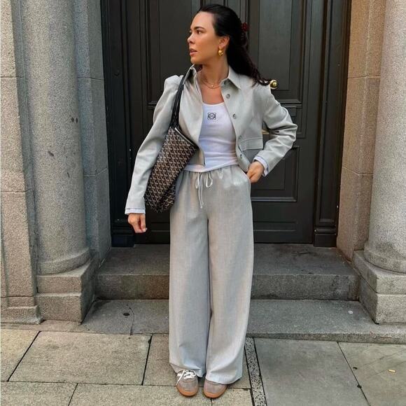 Zara Light Grey Elastic Waistband Trousers Size Large - Picture 8 of 12